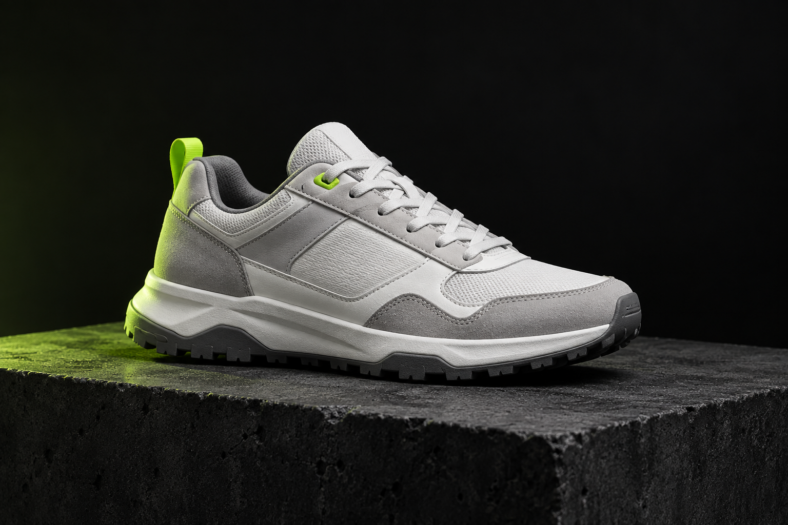 Footwear concept: a white and gray sneaker in a dark studio