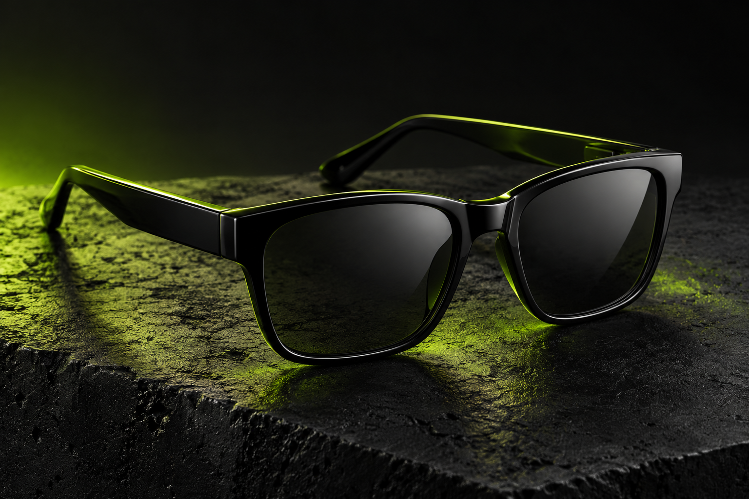 Sunglasses concept: black frames with smoky lenses and green studio lighting